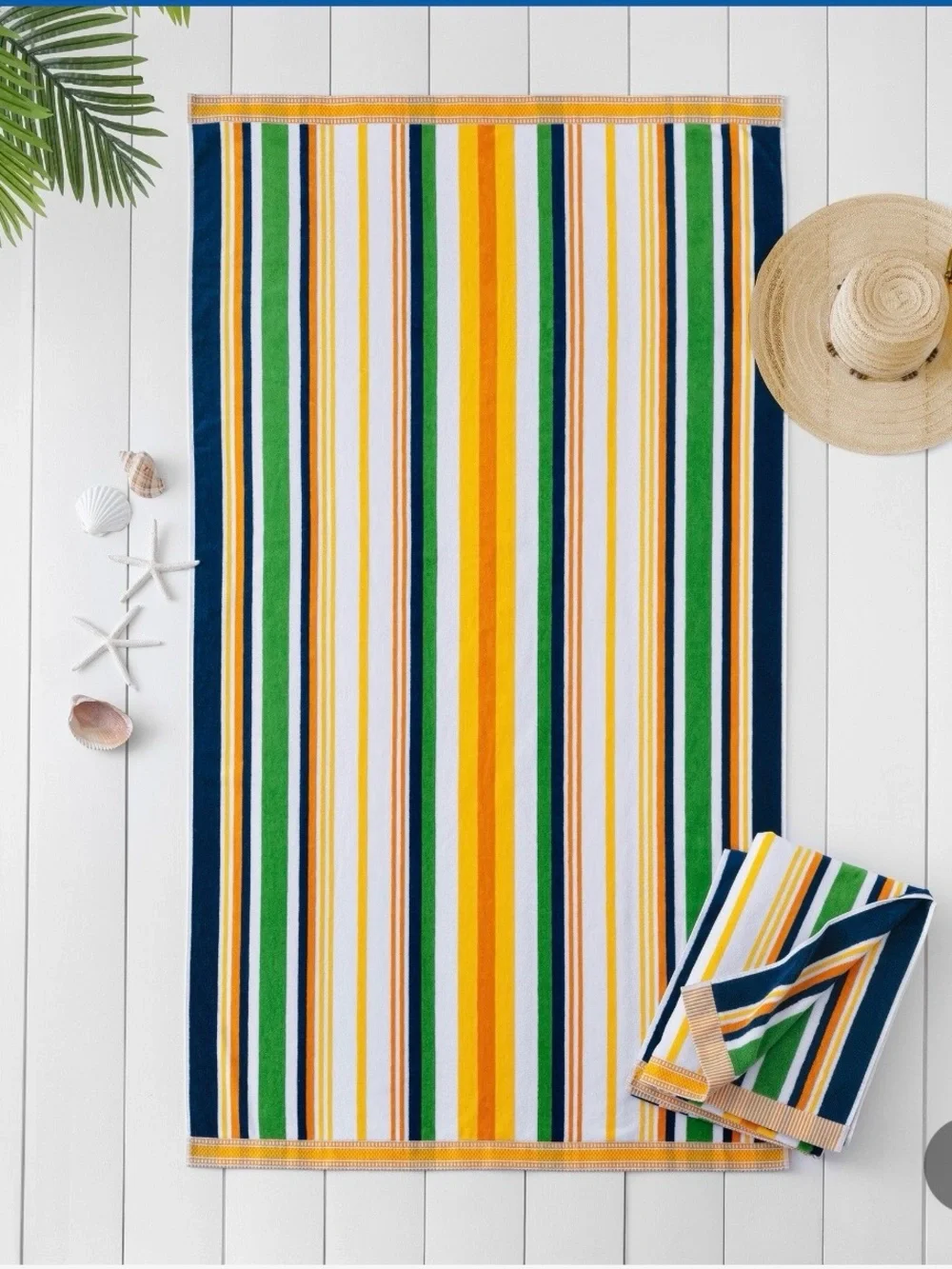Reversible Striped Beach Towel in Navy, Green, Yellow & White.